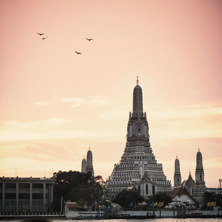 Wat Arun, the Temple of Dawn, stands majestically against a soft pink sky at dusk with the Chao Phraya River in the foreground and birds flying overhead in Bangkok, Thailand.