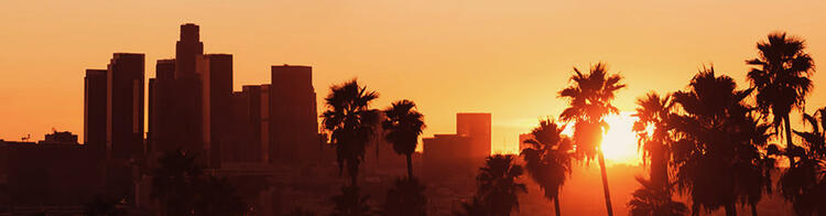 Silhueta da skyline da cidade de LA com arranha-céus ao pôr do sol, com palmeiras em primeiro plano e um céu laranja intenso