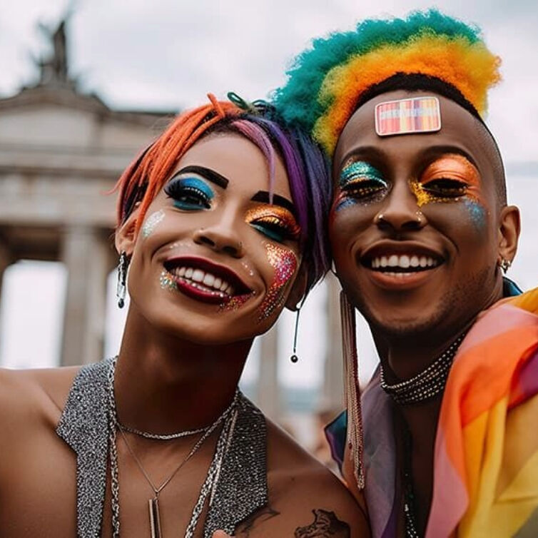 2 friends in front of the Brandenburg Gate in Berlin enjoying the Pride Parade