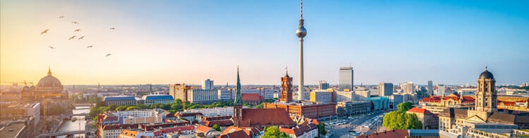Berlin Skyline City Panorama with blue sky & famous landmark in Berlin