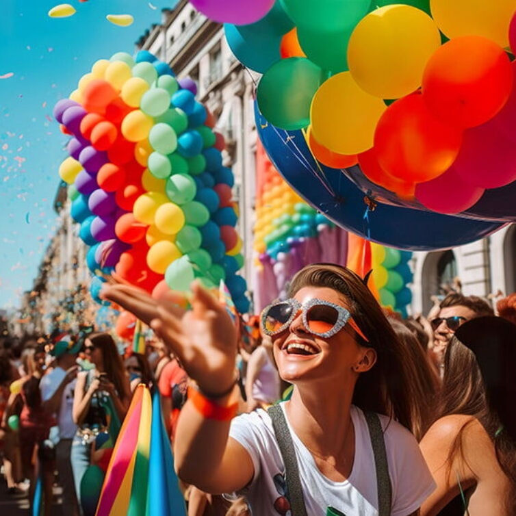 happy woman wearing heart-shaped sunglasses and a wristband with rainbow colors, celebrating at a pride parade surrounded by colorful balloons