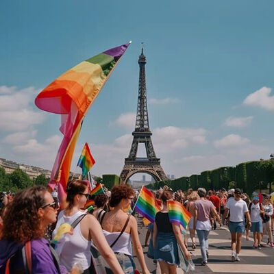 A crowd of people at a pride parade with rainbow flags, with the Eiffel Tower in the background, symbolizing support for LGBTQ+ rights.