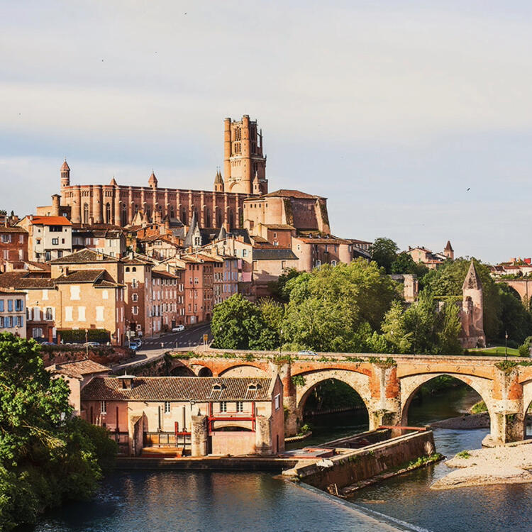 A picturesque view of Toulouse, France, with the ancient bridge Pont Neuf spanning the Garonne River, leading to the grandiose Cathedral Saint-Étienne standing tall above the city's terracotta rooftops.