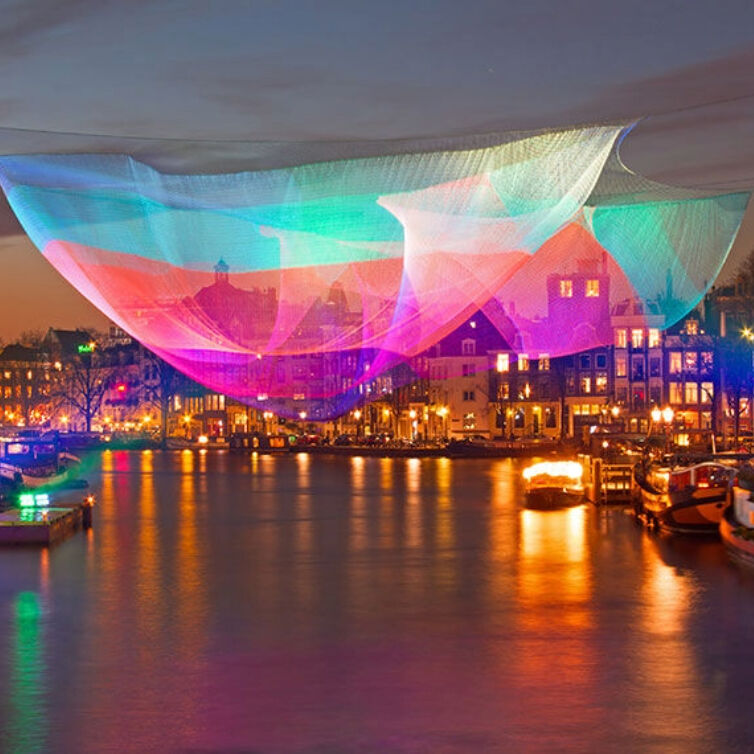 Light art installation over one of Amsterdam's canals during the Amsterdam Light Festival
