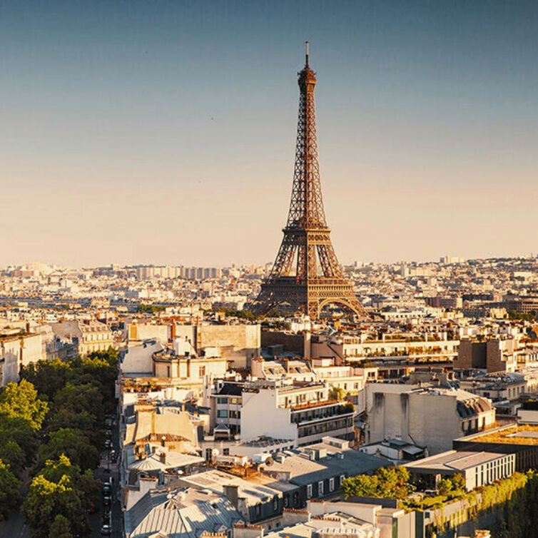 A panoramic view of Paris with the Eiffel Tower standing tall above the cityscape during golden hour,