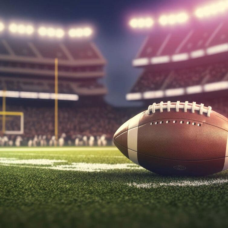 A close-up of an American football on the field with stadium lights in the background, highlighting 