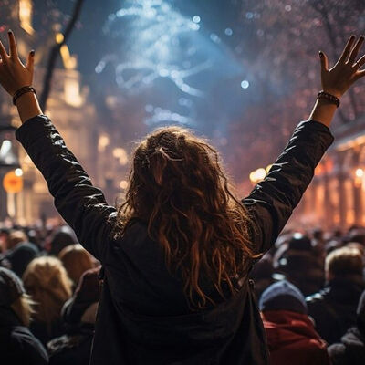 Joyful person with arms raised celebrating at an outdoor festival with fireworks and a crowd in the background