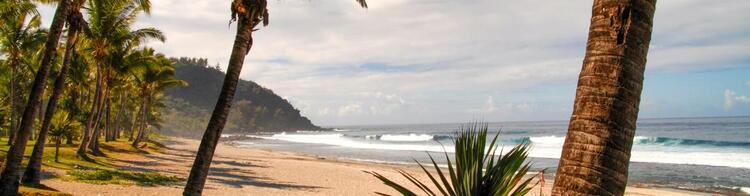 Küste von La Réunion mit Sandstrand, Palmen und Blick auf den Indischen Ozean Palmenstrand Grande Anse mit Wellen und Blick auf einen Berg
