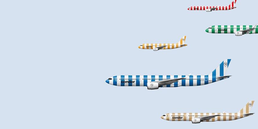 Unsere Flugzeuge sind in fünf Farben unterwegs: gelb, blau, rot, grün und beige. Verfolge unsere Stars am Himmel!