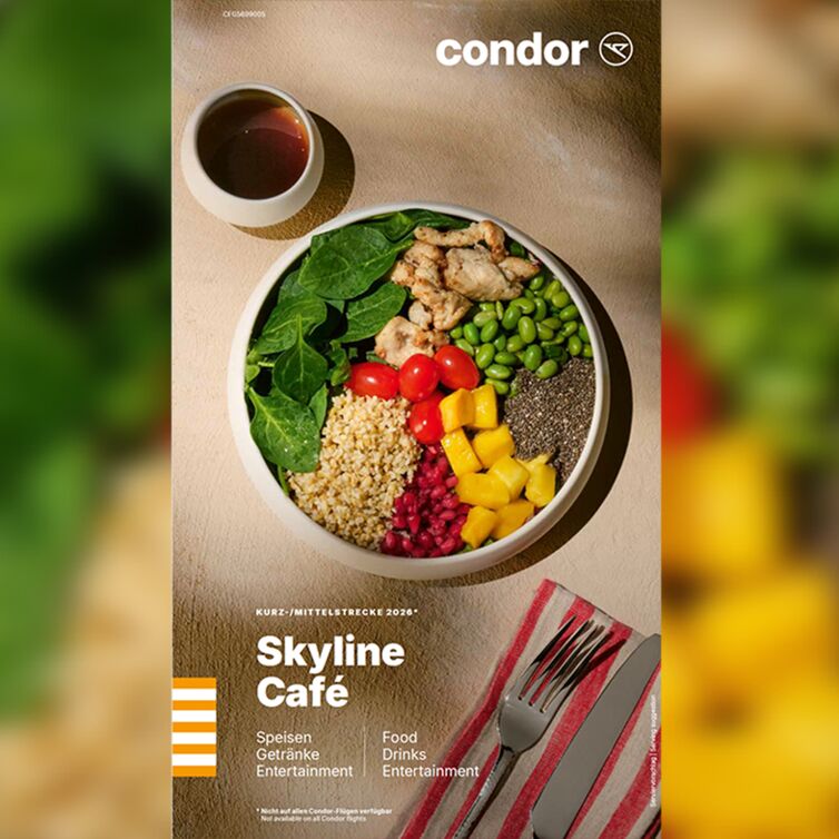 Vordere Seite der Skyline Café Menükarte für Kurz- und Mittelstrcke