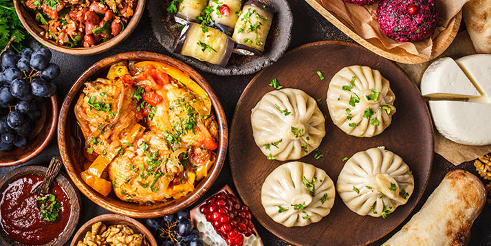 Traditional Georgia: Khinkali, phali, chahokhbili, lobio, cheese, eggplant rolls