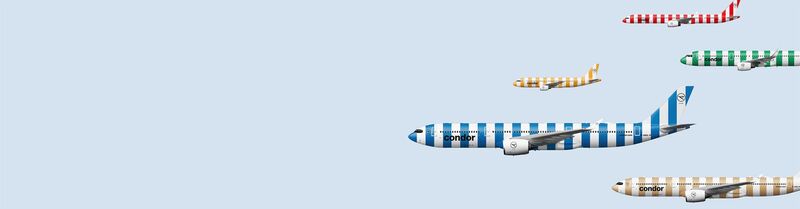 5 verschiedene geringelte Condor Flugzeuge schweben auf hellblauem Hintergrund