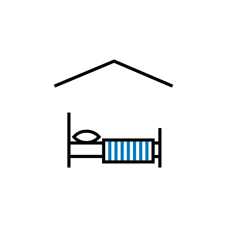 Eine Illustration von einem Hotelbett mit blau-weiß-gestreifter Bettdecke