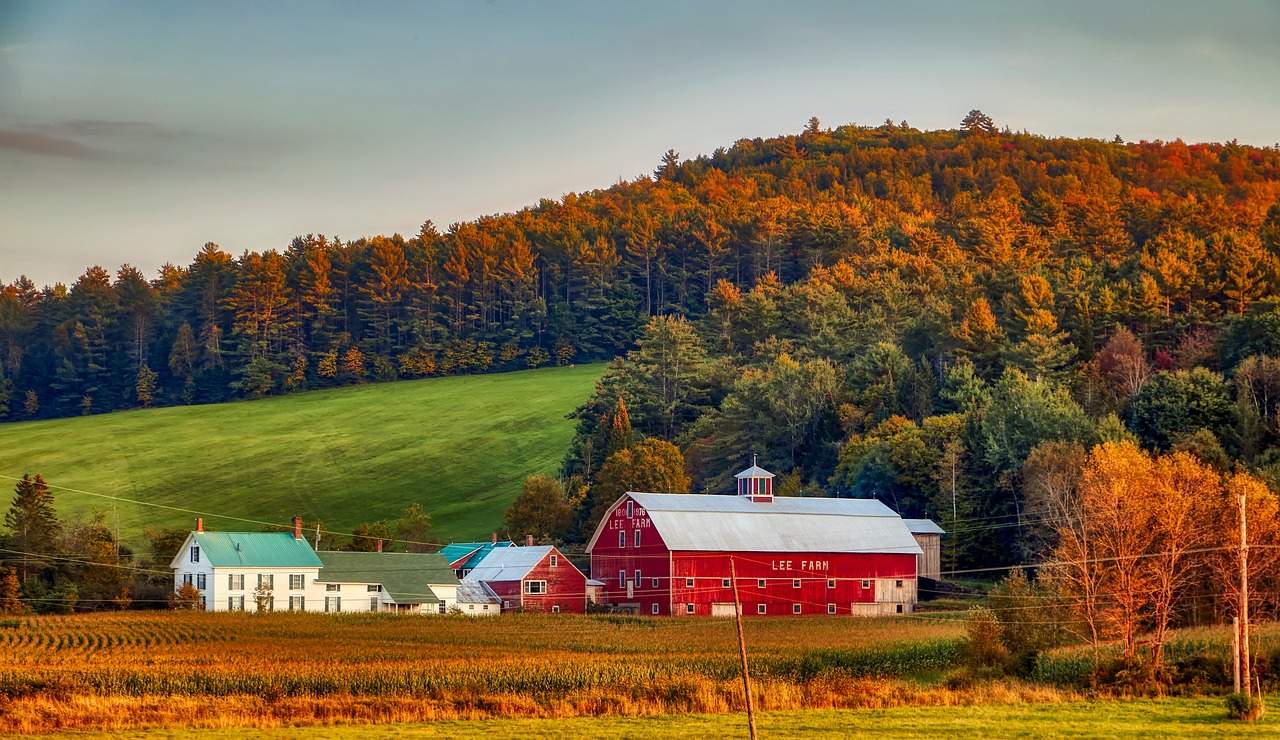 Grange rouge au milieu d'un champ dans le New Hampshire, avec des arbres aux feuilles colorées en arrière-plan