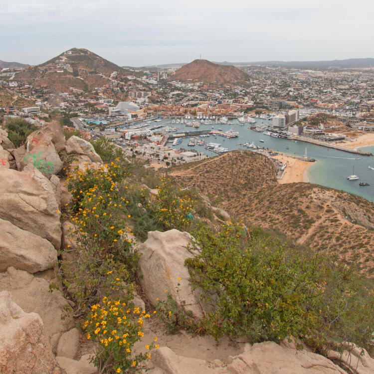 Výhled z Cerro de la Z na Cabo San Lucas a přístav v Los Cabos, Mexiko