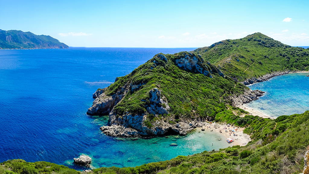 Blick auf Porto Timoni Beach, kleine Bucht in Korfu