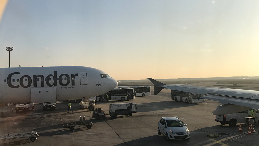 Blick aus Flugzeugfenster auf ein parkendes Condor Flugzeug