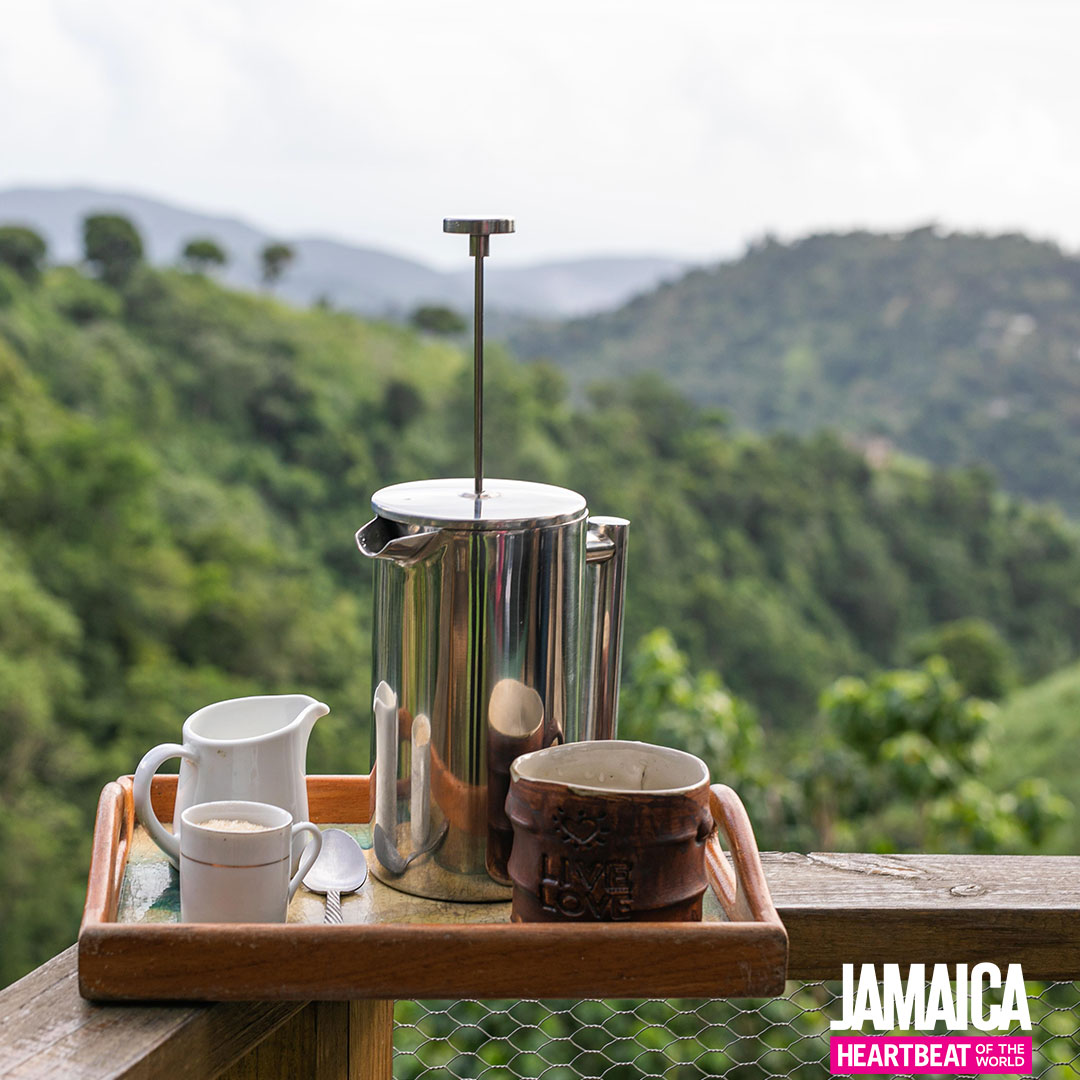 Tablett mit Kaffeekanne und Geschirr vor tropischer Landschaft