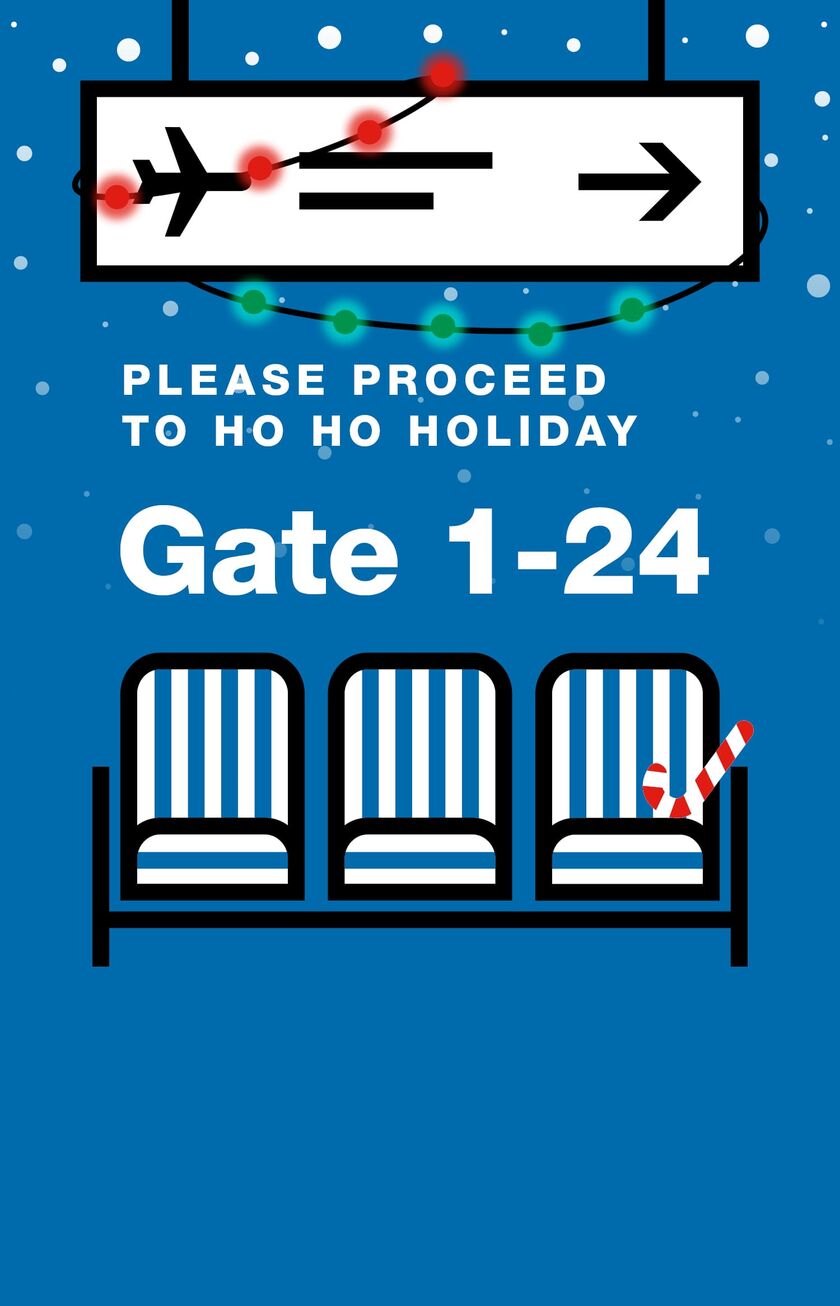 Illustration von 3 Sitzen am Flughafen mit Schild zum Gate 1-24 und Licihterkette