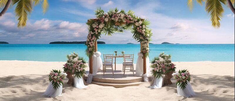 Traumhochzeit in der Dominikanischen Republik Altar und Blumenbogen am Strand in der Dominikanischen Republik