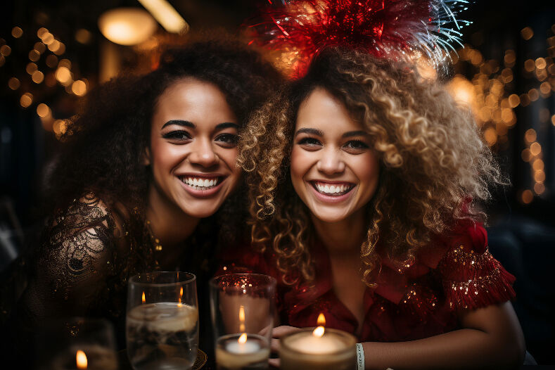 Zwei Freundinnen feiern Silvester in glitzernden Outfits.