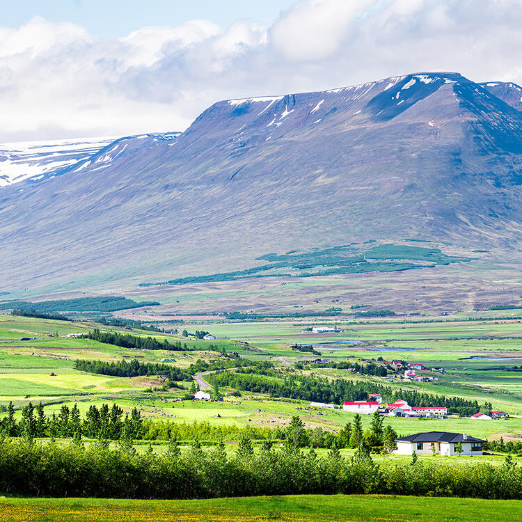  Blick auf die Súlur-Berge bei Akureyri - Blauer Himmel, Wolken und Weidefarm im Vordergrund.