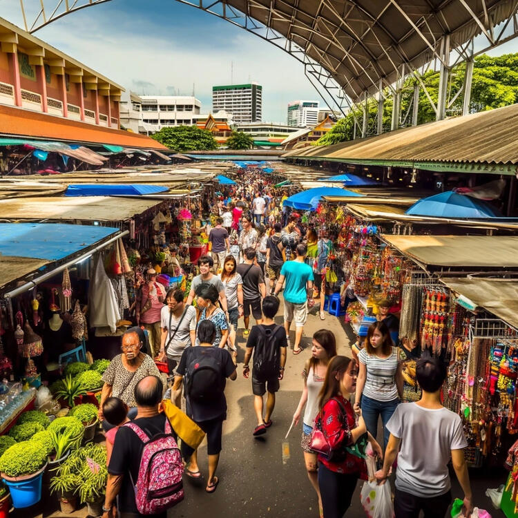 elebter Chatuchak-Wochenendmarkt in Bangkok mit zahlreichen Ständen und Besuchern unter einem Schutzdach