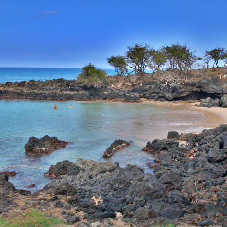 Panoramablick auf den Hapuna Beach mit kristallklarem Wasser und umgeben von vulkanischen Felsen und Palmen auf Hawaii