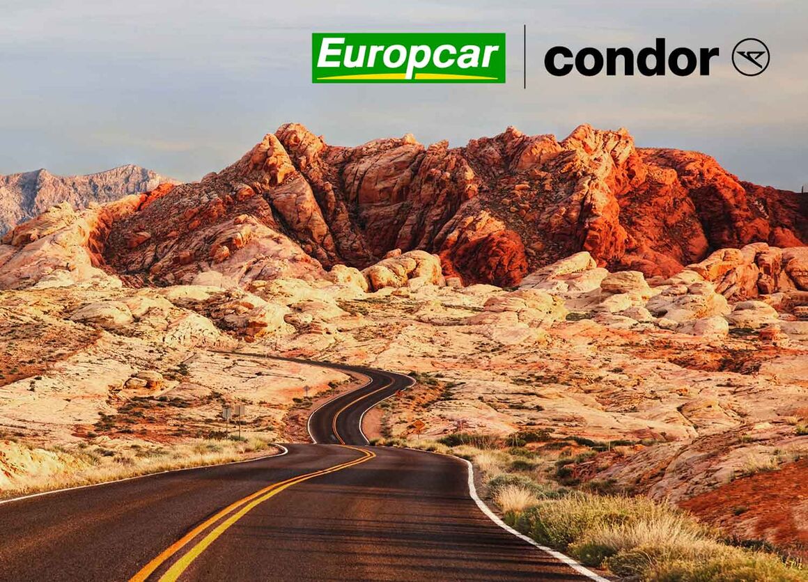 Ein Symbolbild zur Partnerschaft von Europcar und Condor: Beide Logos auf einem Bild von einer gewundenen Straße