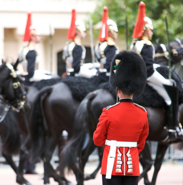 Britischer Gardesoldat in roter Uniform beobachtet den Vorbeimarsch berittener Soldaten auf schwarzen Pferden.