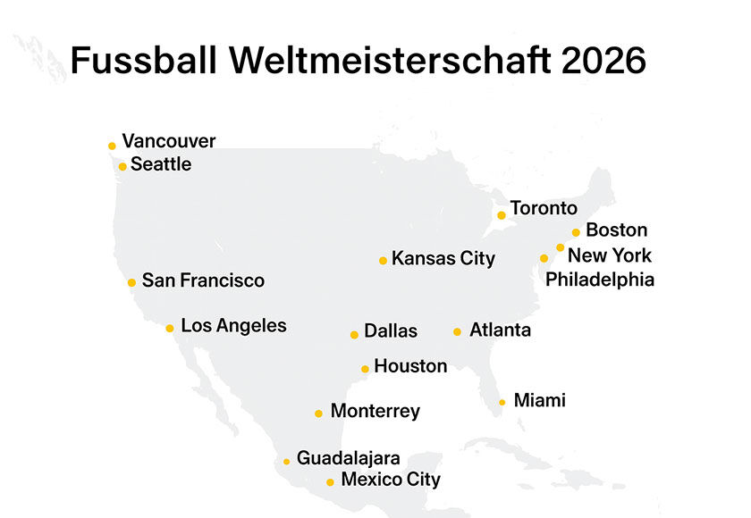 Grafik mit allen Austragungsorten der Fussball WM 2026
