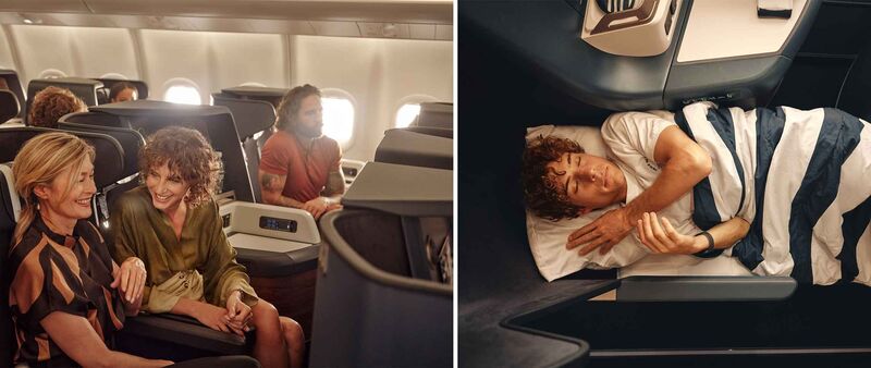 Szenen aus der Condor Business Class: Gäste in großen Schalensitzen und ein schlafender Passagier