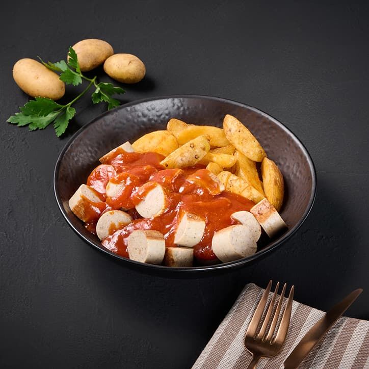 Bratwurst mit Currysauce & Kartoffelspalten