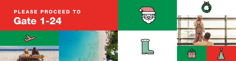 Adventskalender Kombinierte Weihnachtssymbole (z. B. Weihnachtsmann, Geschenk, Kranz) mit Strandmotiven und Reisemomenten