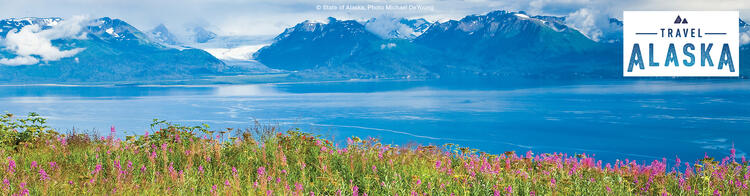 Blumenwiese und See vor den Rocky Mountains, Logo: Travel Alaska
