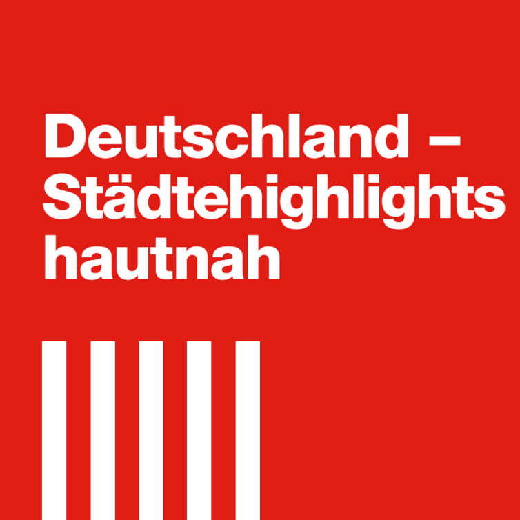 Tore Kachel mit weißen Streifen und Text: Deutschland. Städtehighlights hautnah.