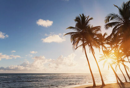 Sonnenuntergang am Palmenstrand in der Karibik