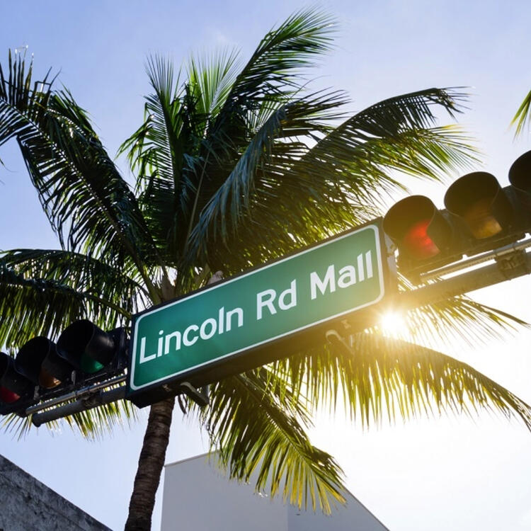 placa de rua do Lincoln Rd Mall com um semáforo em um cenário de folhas de palmeira e o sol aparecendo, indicando um dia ensolarado