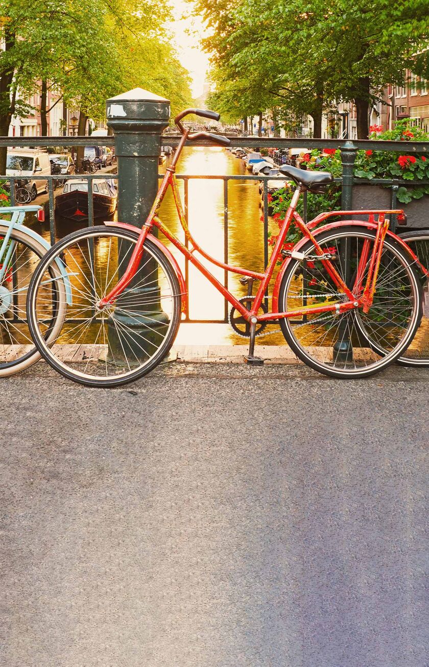 Bicicleta apoyada en un puente sobre un canal