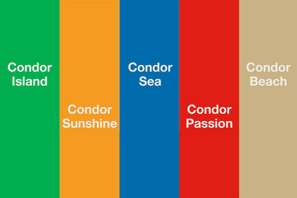 Los cinco colores condor: Sunshine (amarillo), Passion (rojo), Sea (azul), Island (verde) y Beach (beige).