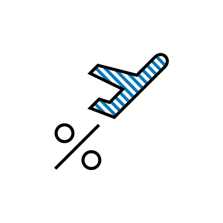 Illustration of a striped plane taking off; below a price reduction symbol