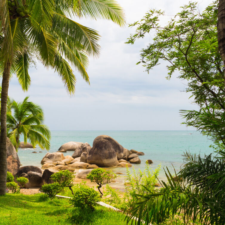 Landscape of Sanya with ocean, stones and palm trees