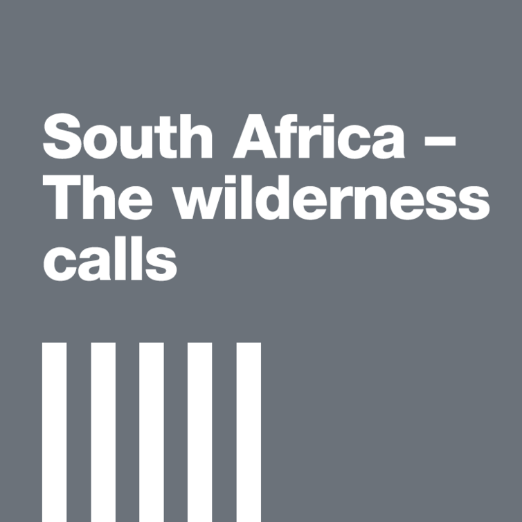 Grey tile with text: South Africa. The wilderness calls.