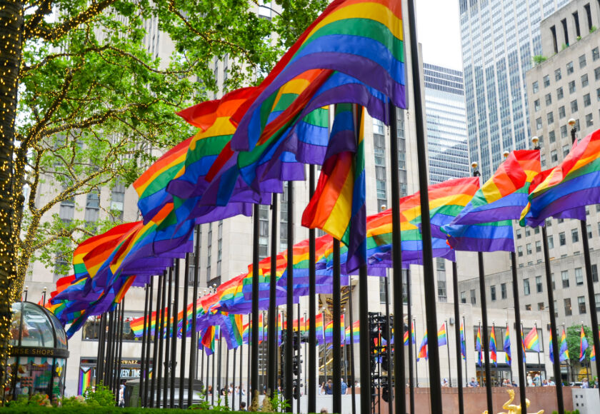 Lining up rainbow flags in New York