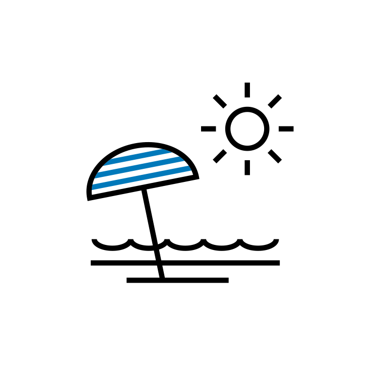 Illustration of a blue striped parasol, a sun and the sea