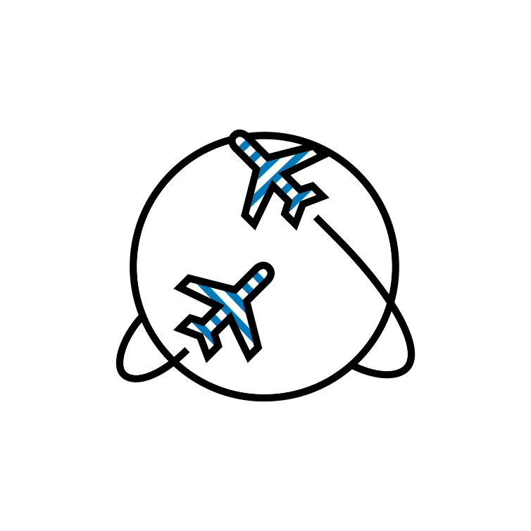Illustration of cheap flights. A globe with 2 airplanes circling around it. 