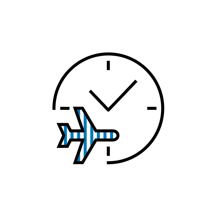 Illustration of a blue striped plane in front of a big clock