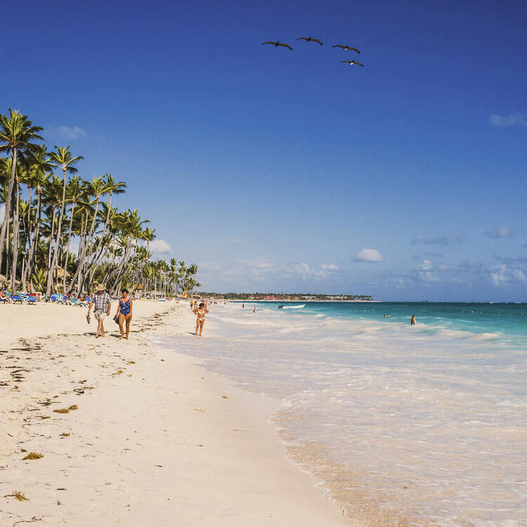 Des vacanciers se promènent sur une plage de sable blanc