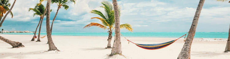 Plage de sable blanc, hamacs sous les palmiers