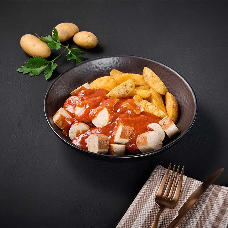 Saucisse rôtie avec sauce au curry et quartiers de pommes de terre